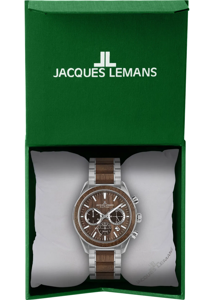 Jacques Lemans Eco Power 1-2115J - Herren Solaruhr 44mm Holz-Design