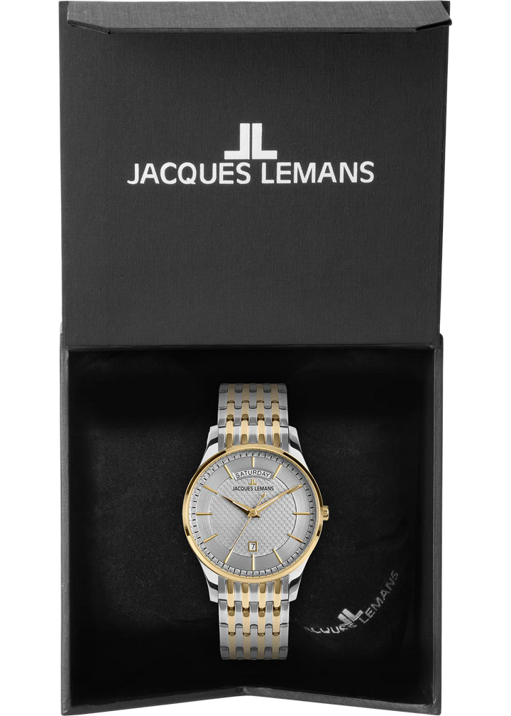 Jacques Lemans London 1-2193J - Elegante Herren Quarzuhr IP-Gold Bicolor mit Wochentag