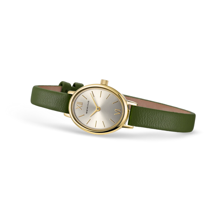 BERING Classic Damenuhr 11020-833 – Gold Olivegrün Milanaise Saphirglas