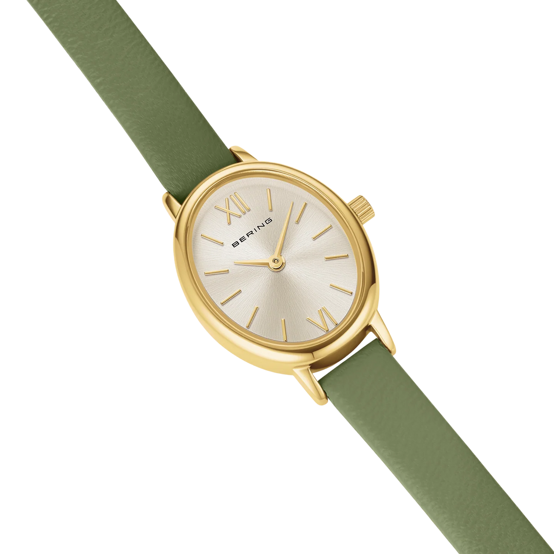 BERING Classic Damenuhr 11020-833 – Gold Olivegrün Milanaise Saphirglas
