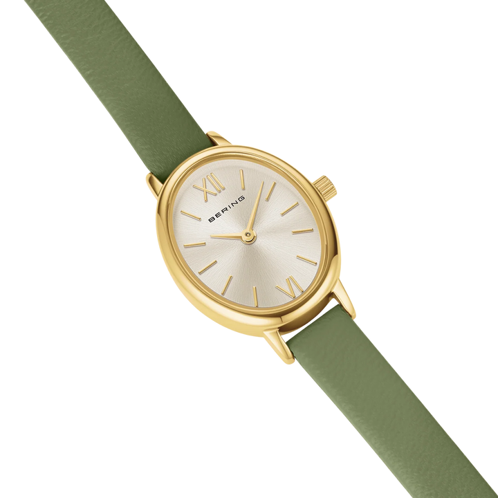 BERING Classic Damenuhr 11020-833 – Gold Olivegrün Milanaise Saphirglas