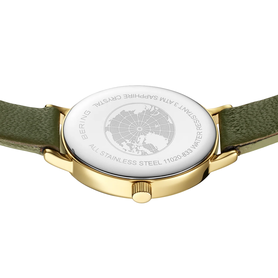 BERING Classic Damenuhr 11020-833 – Gold Olivegrün Milanaise Saphirglas