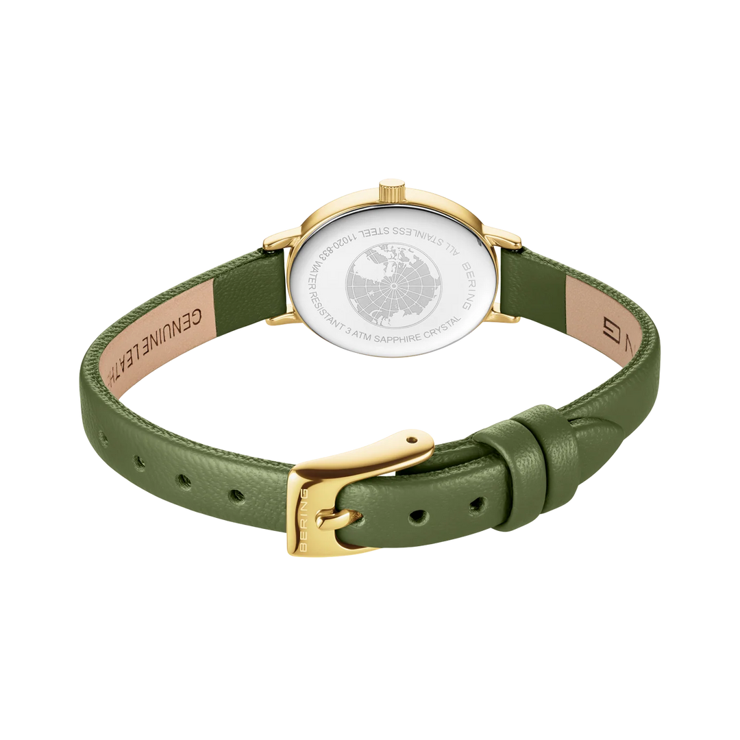 BERING Classic Damenuhr 11020-833 – Gold Olivegrün Milanaise Saphirglas