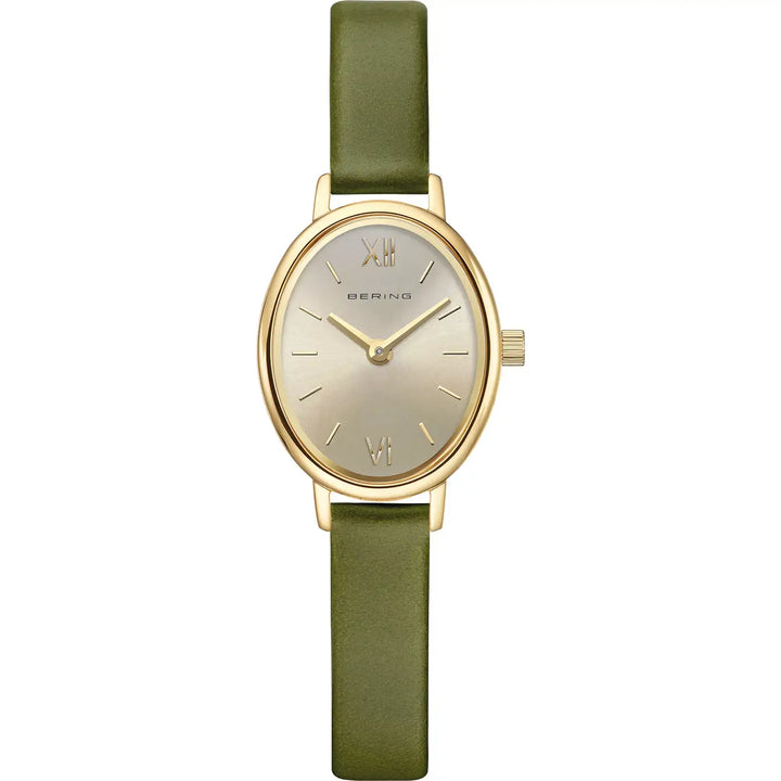 BERING Classic Damenuhr 11020-833 – Gold Olivegrün Milanaise Saphirglas
