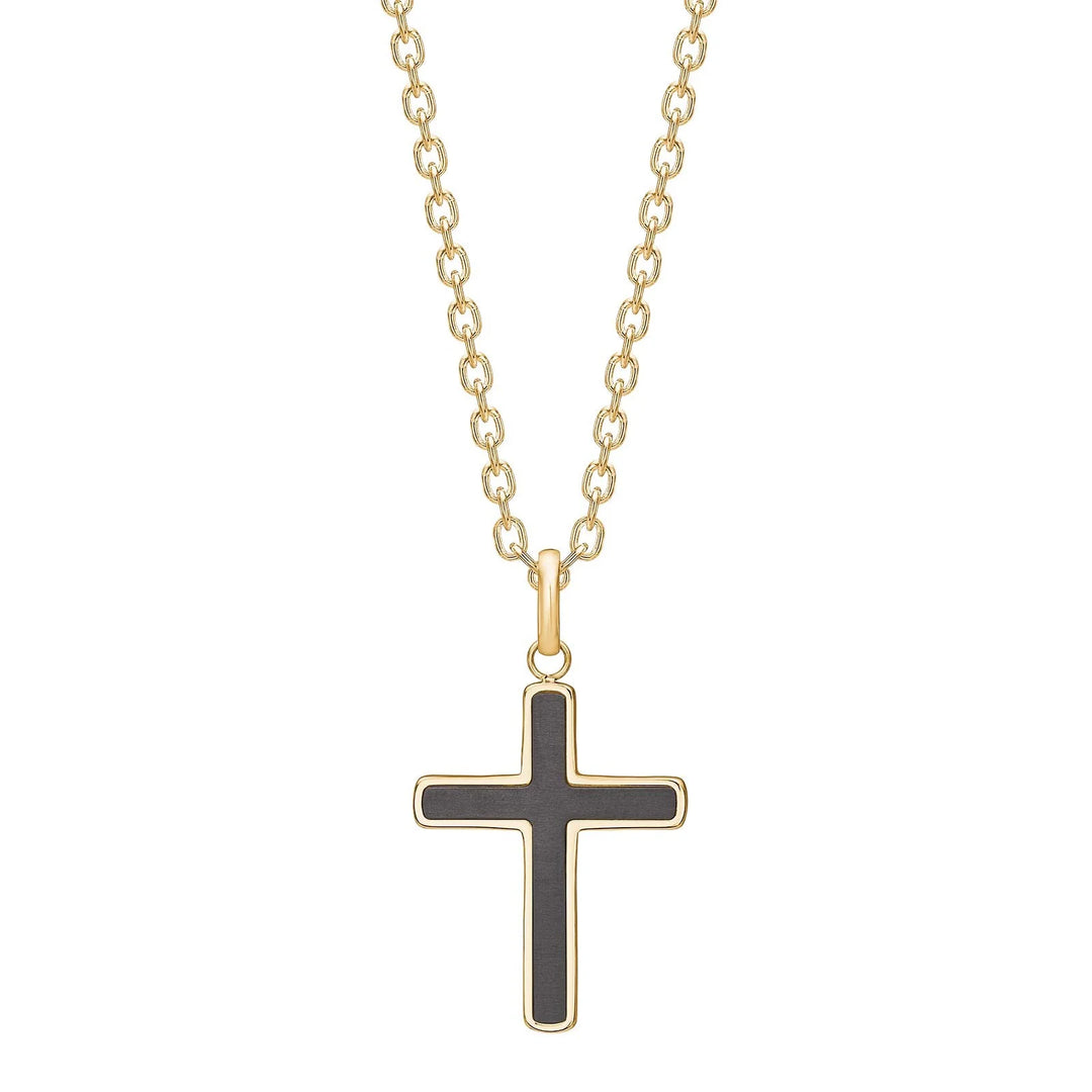 SON Halskette Herren Edelstahl vergoldet, Karbon, mit Kreuz 60cm