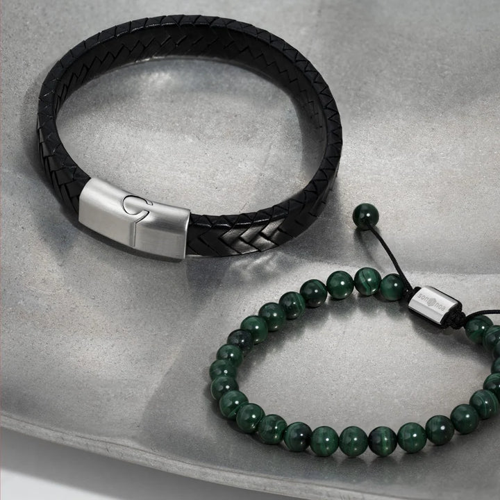 SON of NOA Malachit Armband Herren - Naturstein mit Edelstahl 19-25cm
