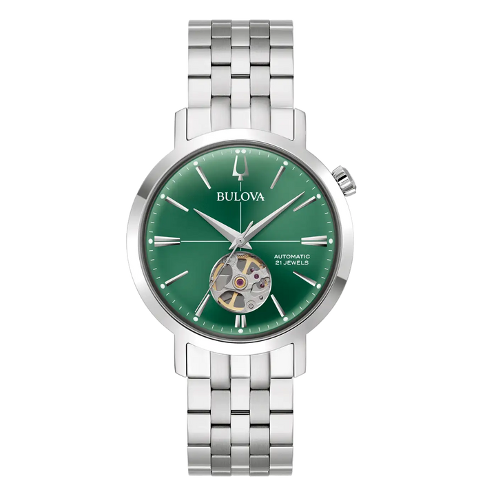 Bulova Aerojet 96A319 Automatikuhr Herren Grün Open Heart