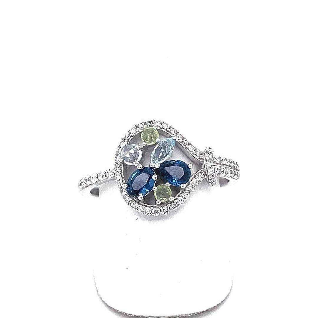 Damenring, 585 Weißgold, Saphir, Topas, Peridot & Brillant - My Fine Jewellery
